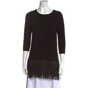 Neiman Marcus Black Cashmere 3/4 Sleeve Fringe Tunic Sweater